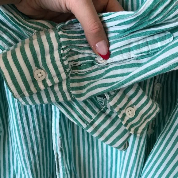 H&M 100% Cotton Green and White Oversized Striped Button Down Shirt Size S - Picture 6 of 10